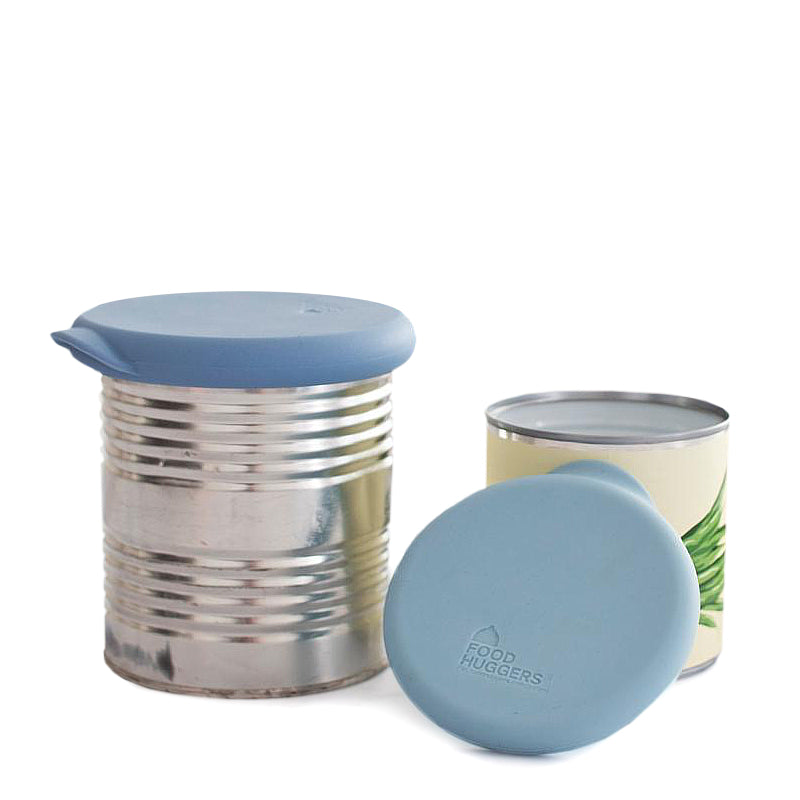 Food Huggers Reusable Lids for Cans and Jars - 2 Pack - 100% Durable Food Grade Silicone - Plastic Free (Blue) L/XL
