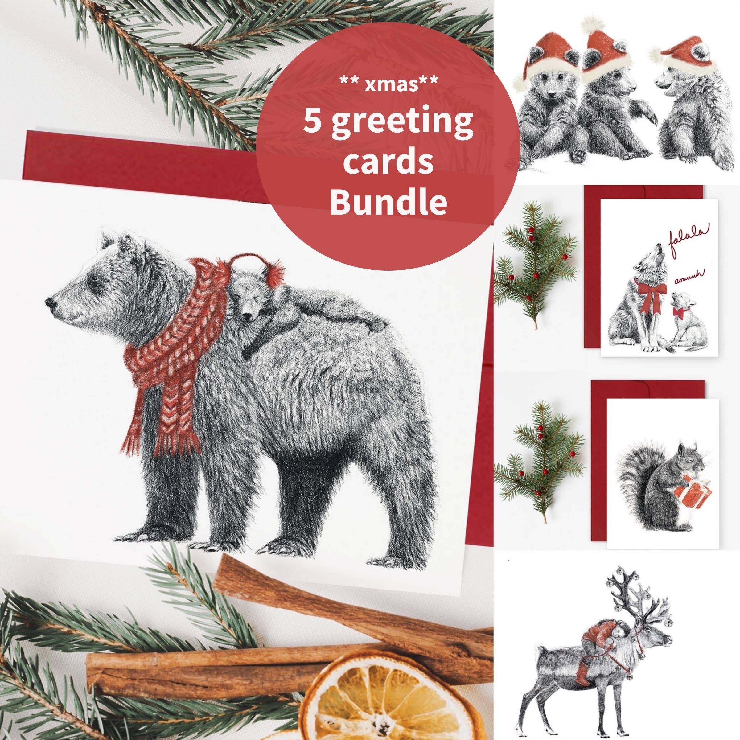 Set of 5 greeting cards - Christmas cards