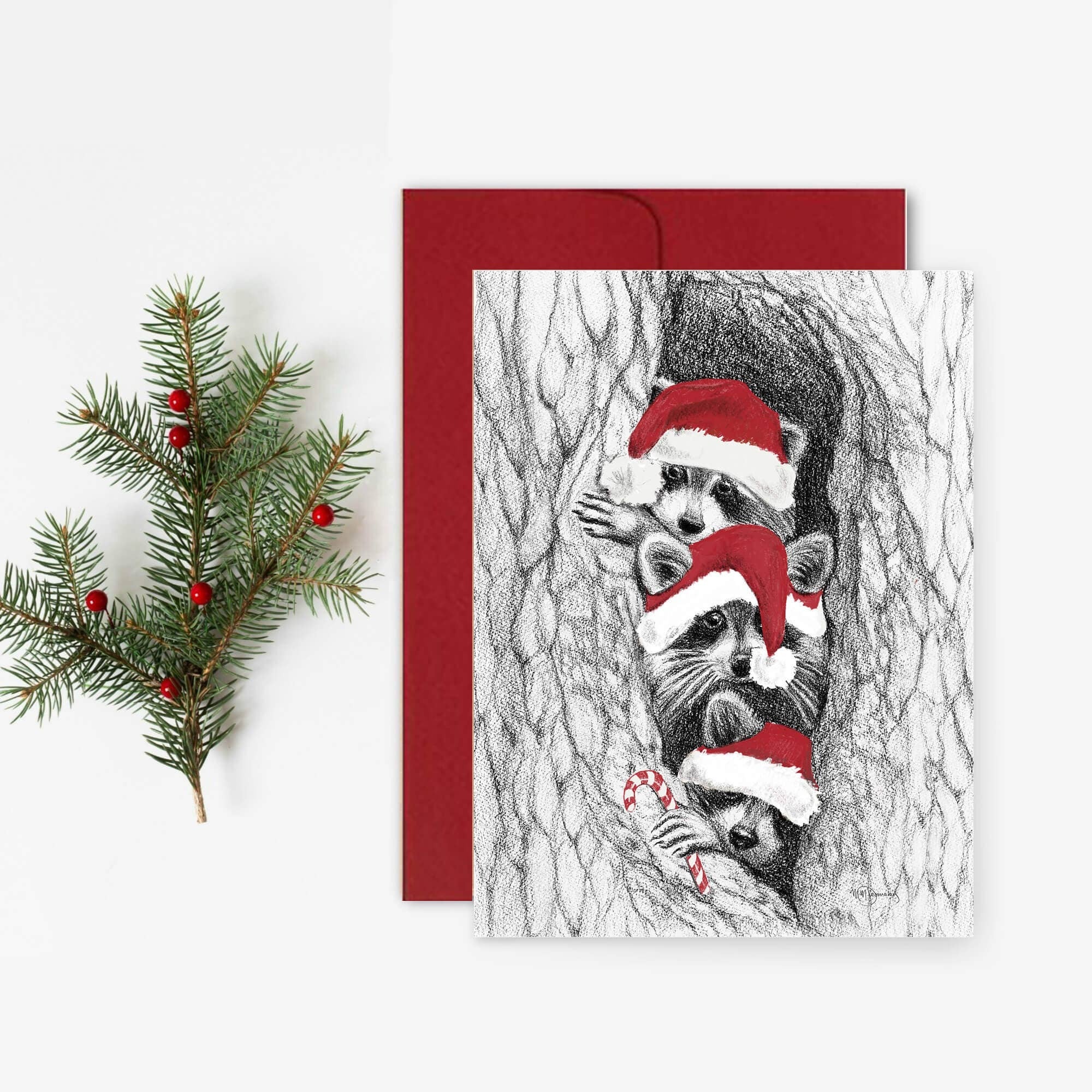 Christmas Card - Raccoons in a Tree with Red Hats - The Nest
