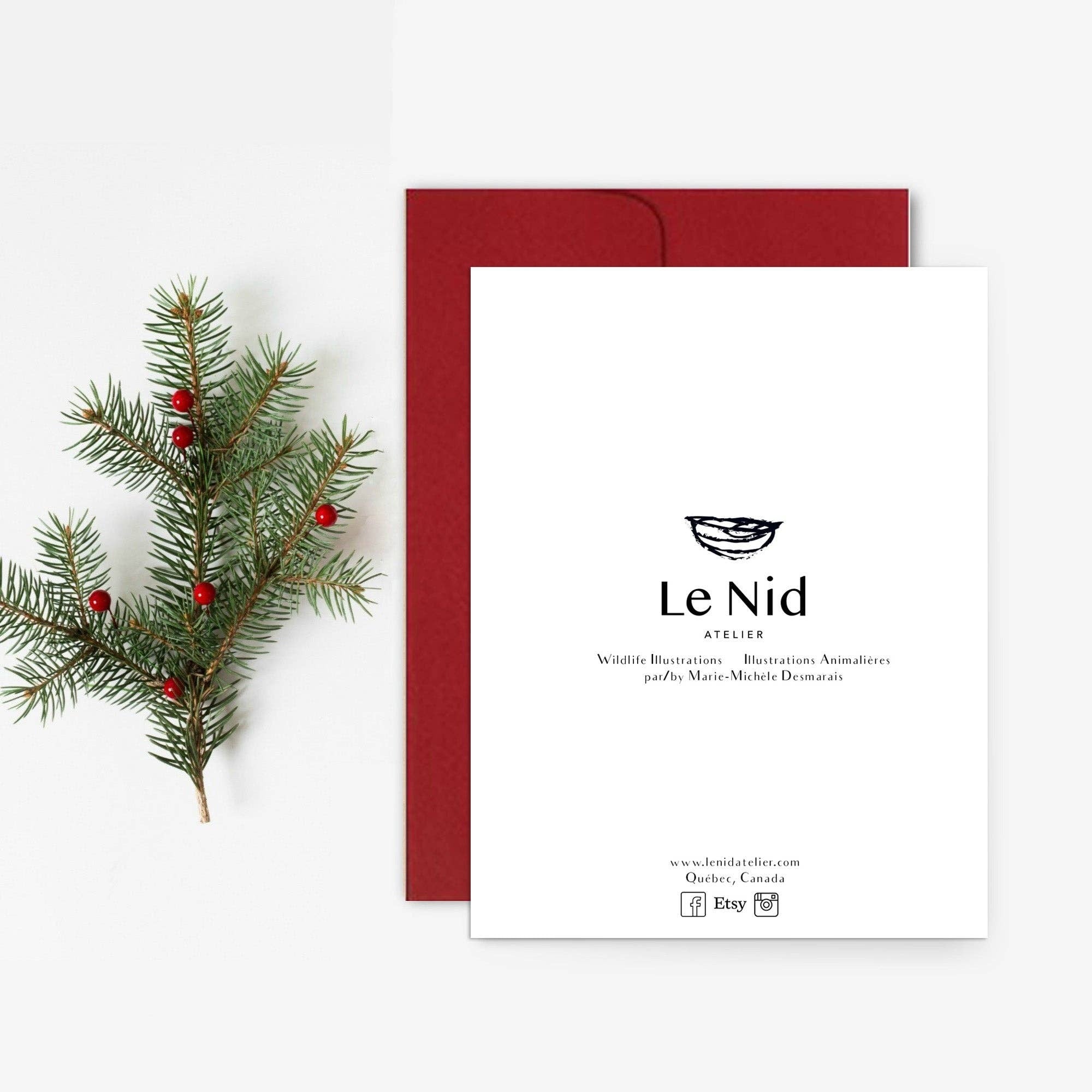Christmas Card - Raccoons in a Tree with Red Hats - The Nest