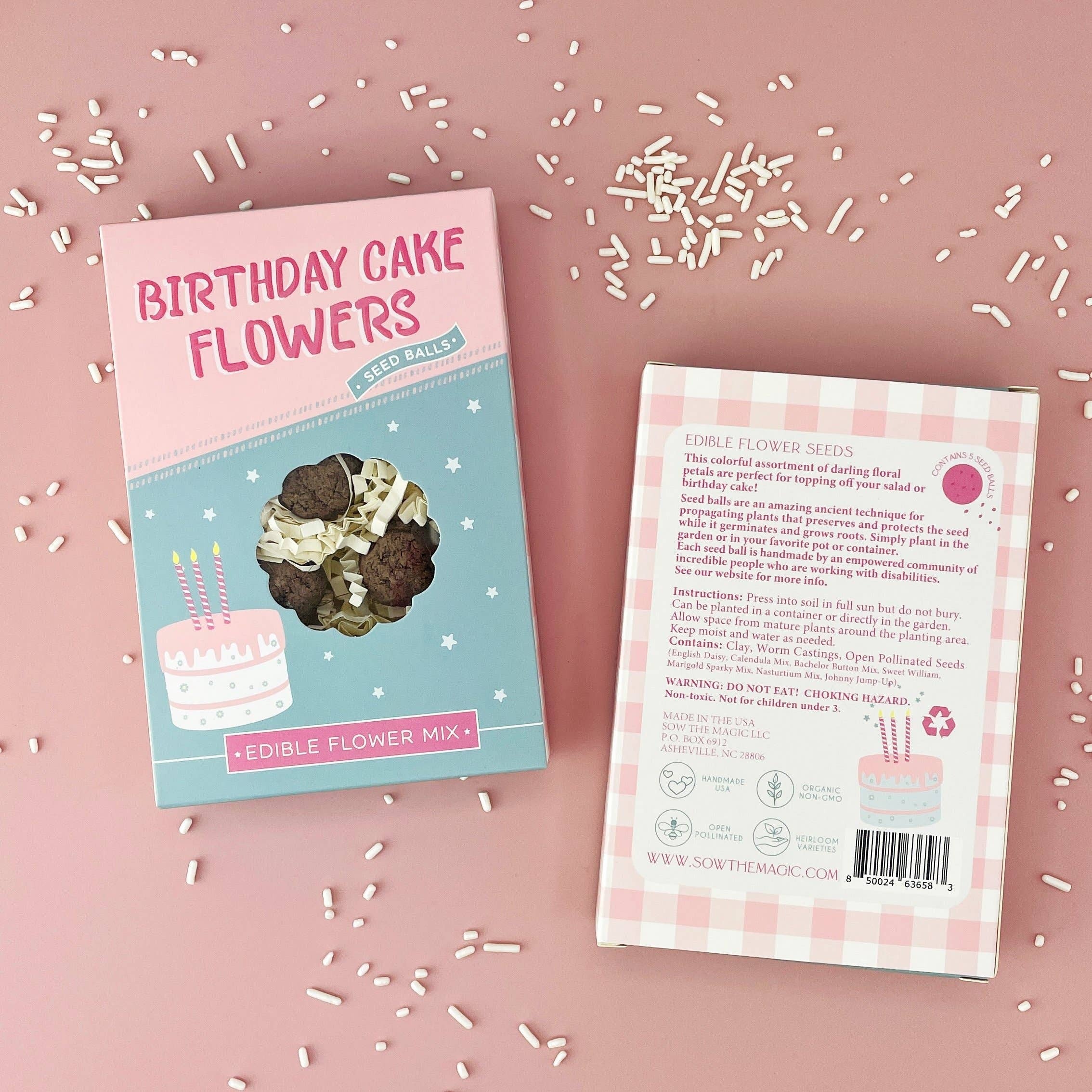 Gift box for birthday cake, edible flowers, garden seeds